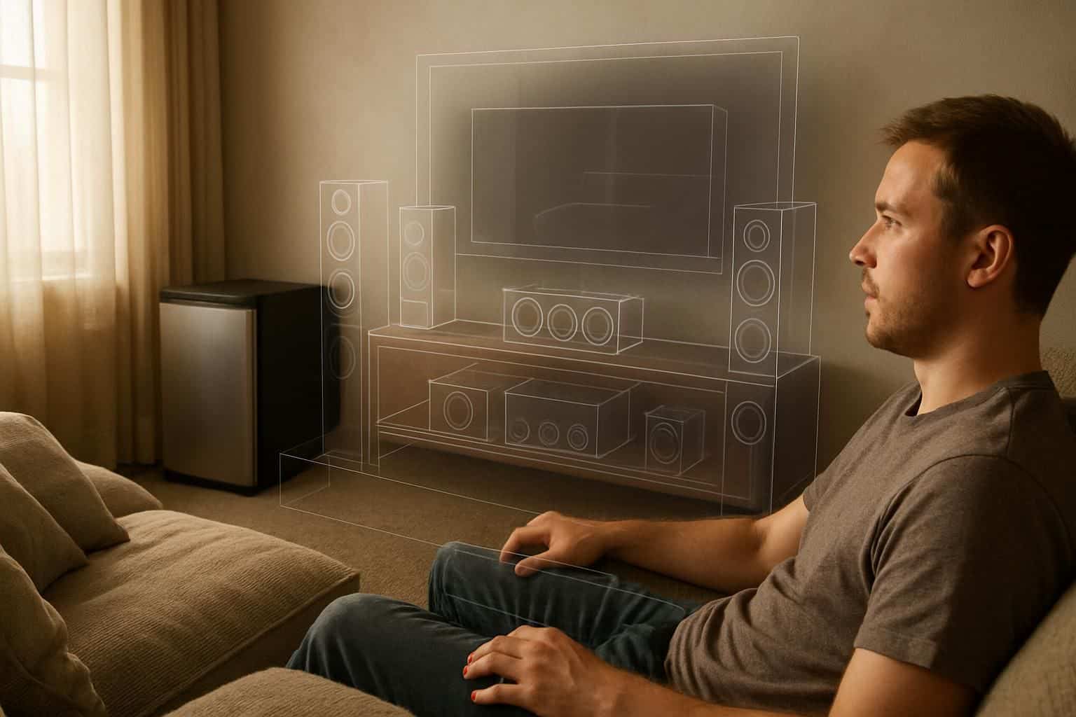 A cozy entertainment room with a sleek TV, surround sound system, and a man enjoying augmented reality. A cozy entertainment room with a sleek TV, surround sound system, and a man enjoying augmented reality.
