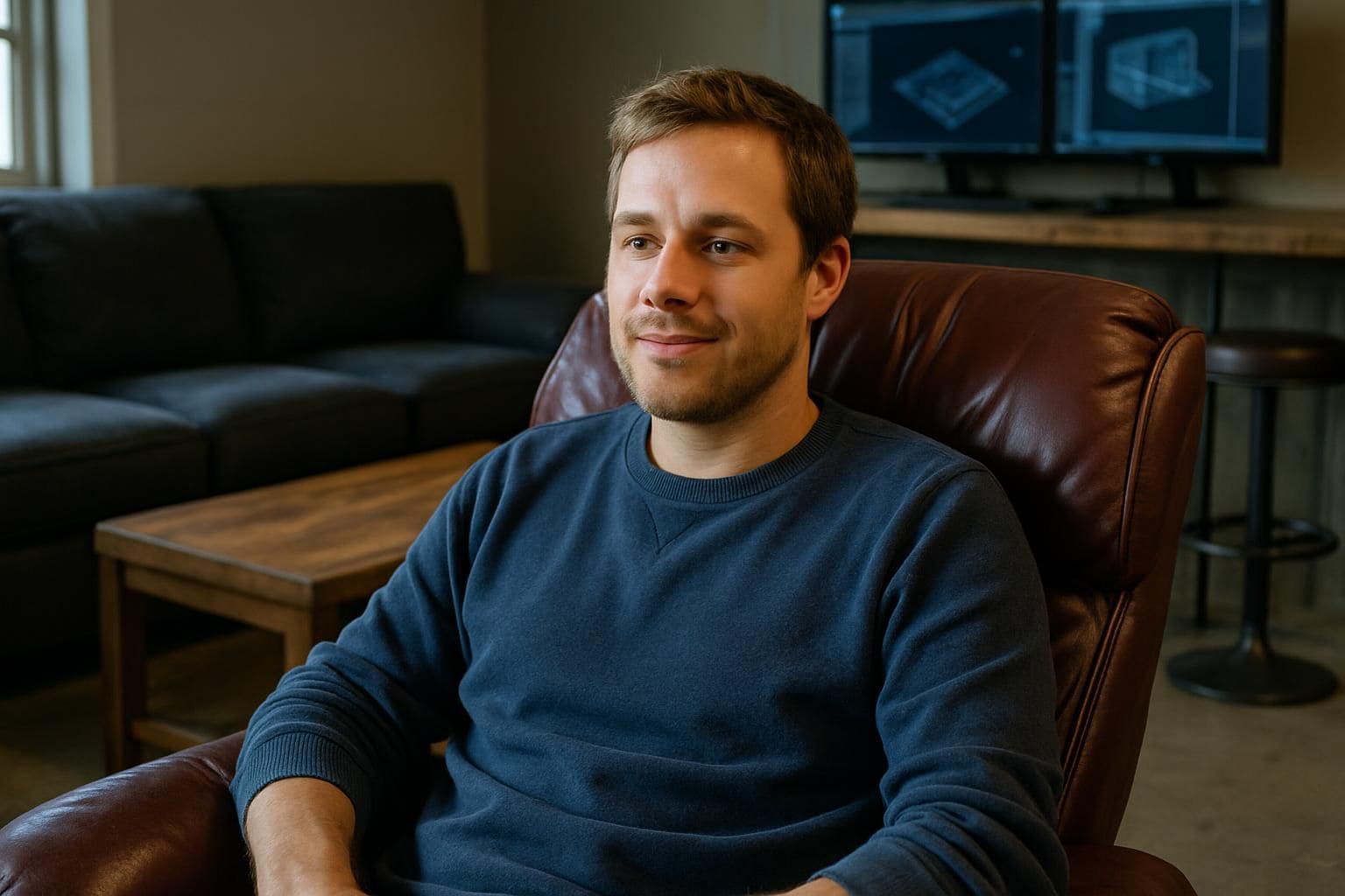 A man relaxes in a cozy, well-furnished garage man cave with modern technology. A man relaxes in a cozy, well-furnished garage man cave with modern technology.