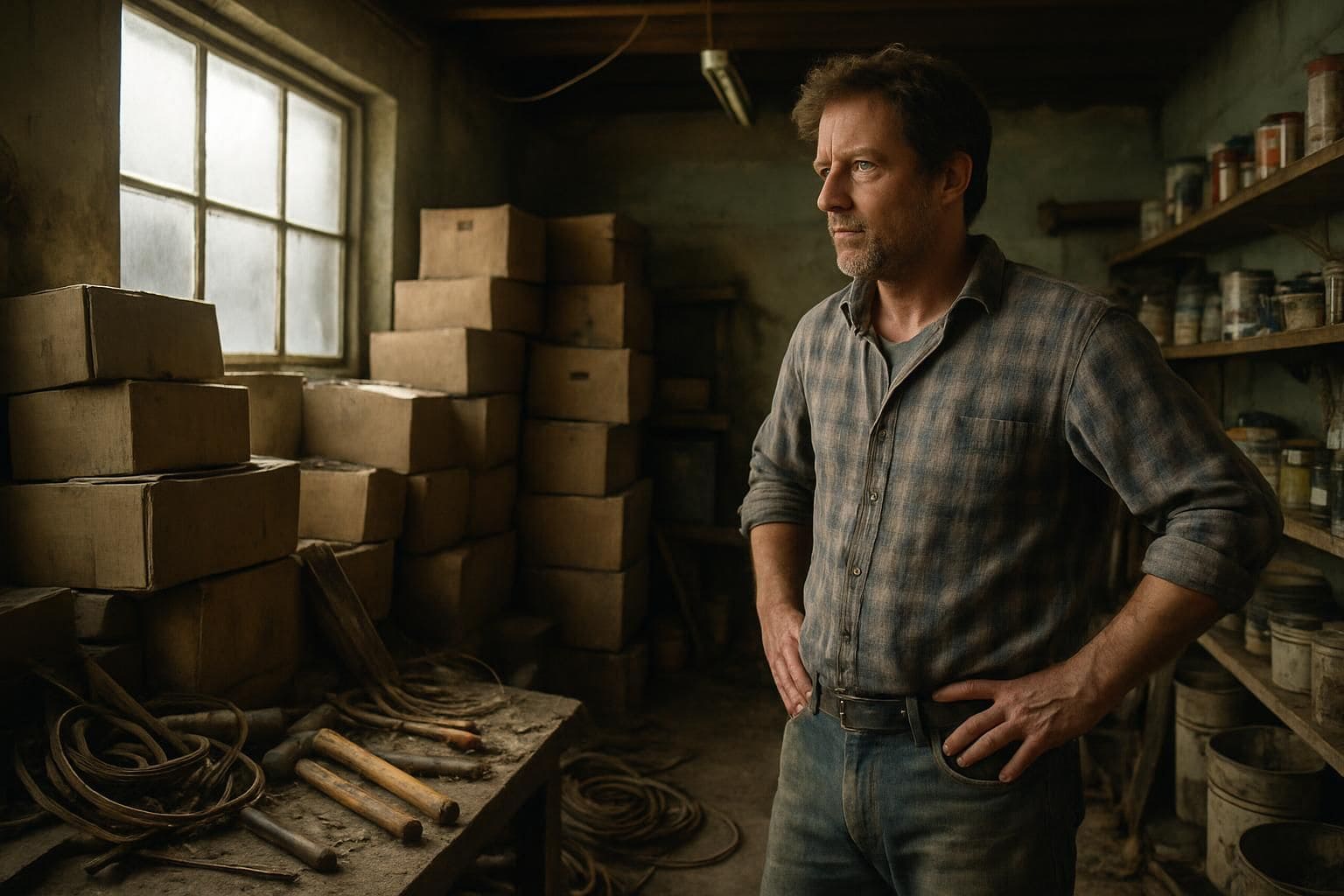 A man stands amidst a cluttered, dusty garage filled with old boxes and tools. A man stands amidst a cluttered, dusty garage filled with old boxes and tools.