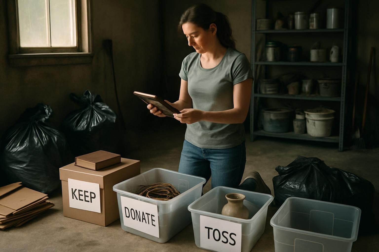 A woman sorts household items in a well-lit garage with determined focus. A woman sorts household items in a well-lit garage with determined focus.