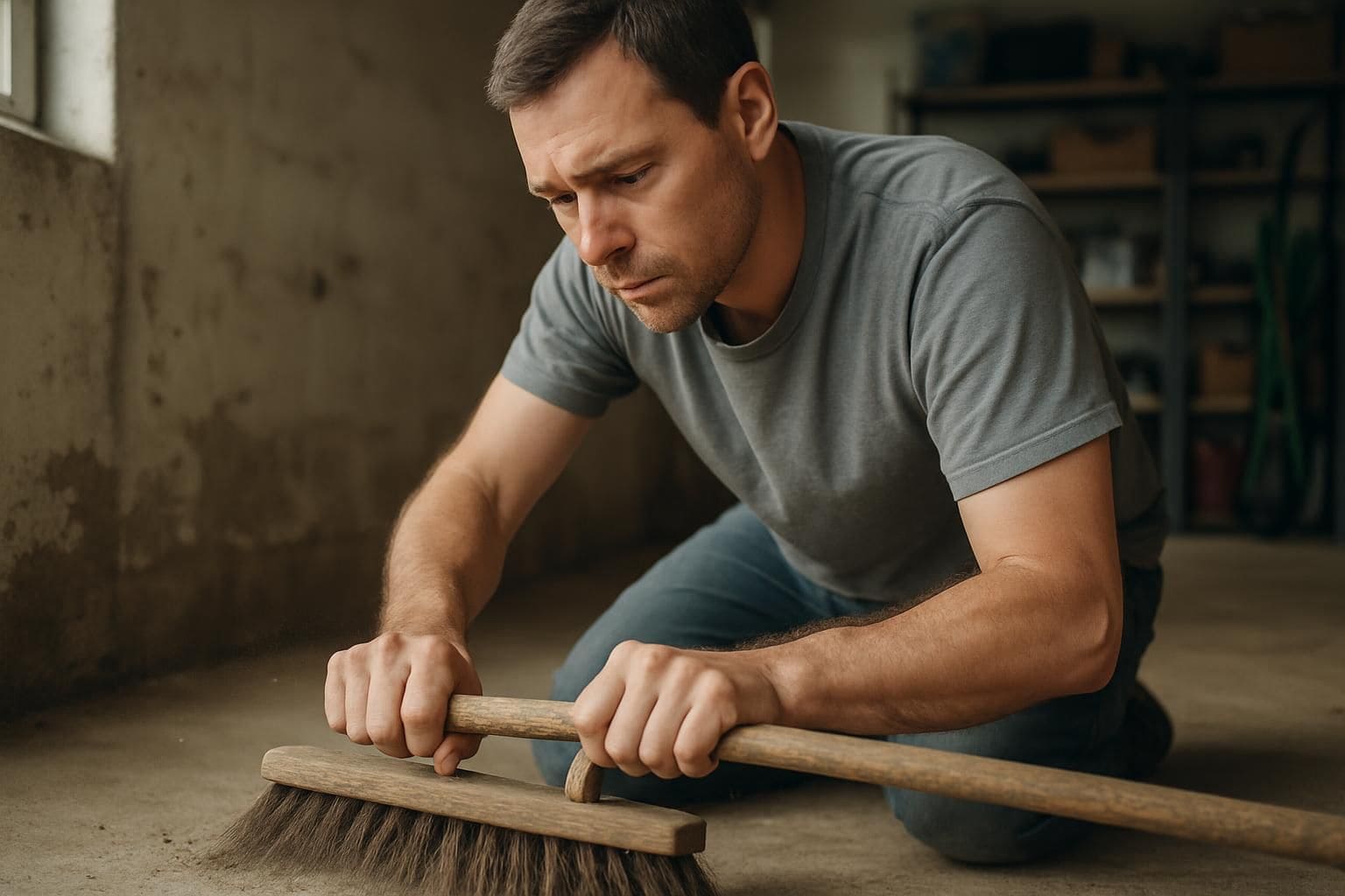 A man in his forties scrubs a concrete garage floor with a worn broom. A man in his forties scrubs a concrete garage floor with a worn broom.