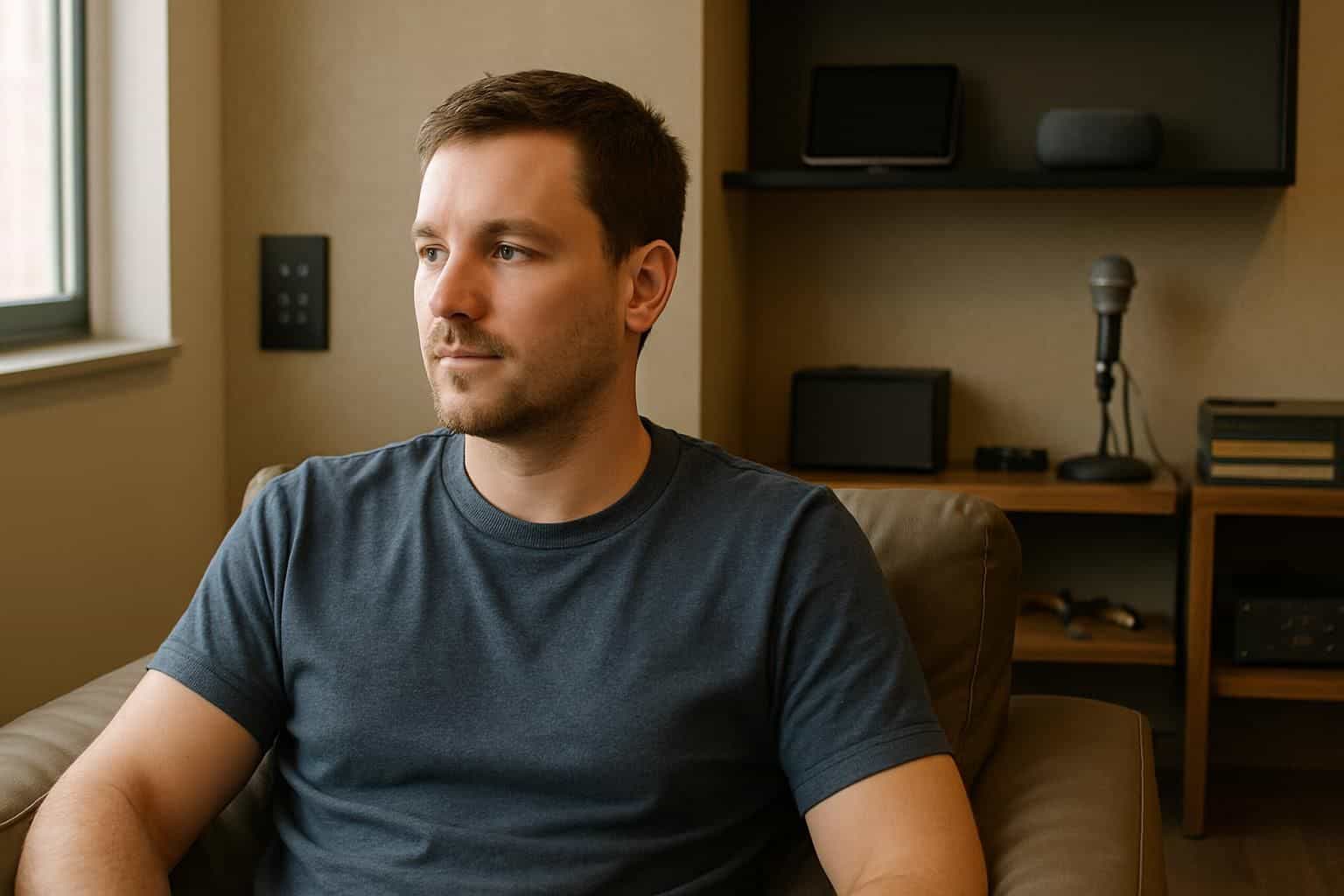 A man in his 30s sits comfortably in a modern living space with personalized, high-tech and versatile features. A man in his 30s sits comfortably in a modern living space with personalized, high-tech and versatile features.