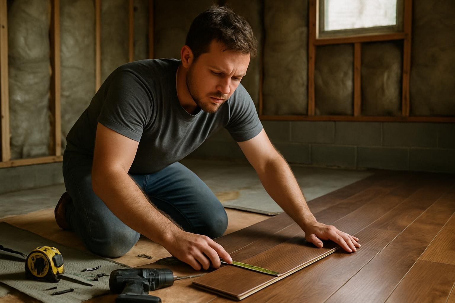 A man is measuring, fitting and installing hardwood flooring in a garage. A man is measuring, fitting and installing hardwood flooring in a garage.