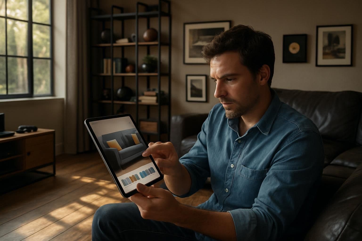 A man in a modern man cave designs on a tablet surrounded by curated decor. A man in a modern man cave designs on a tablet surrounded by curated decor.