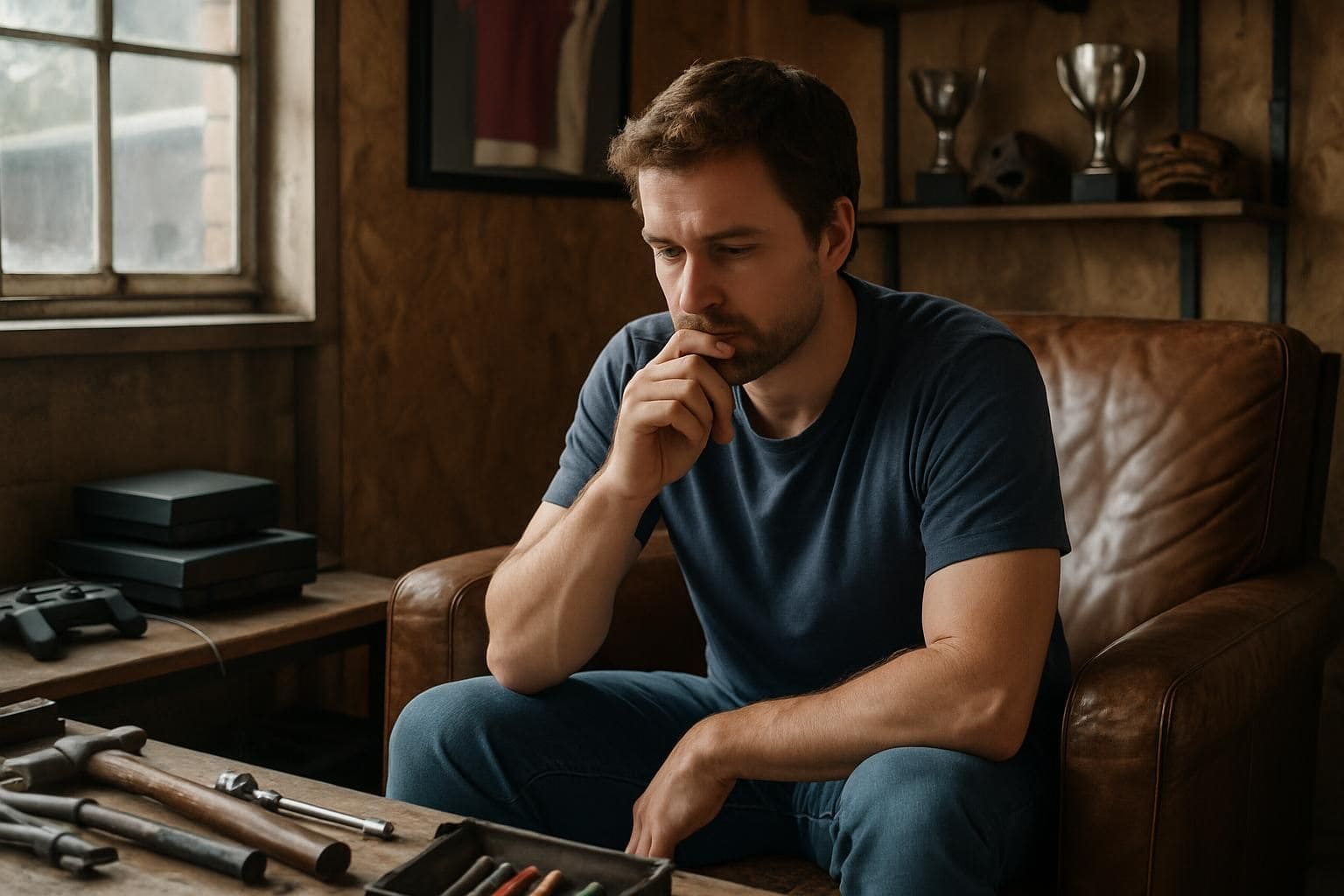 A man sits in a garage converted into a personal retreat surrounded by sports memorabilia and game consoles. A man sits in a garage converted into a personal retreat surrounded by sports memorabilia and game consoles.
