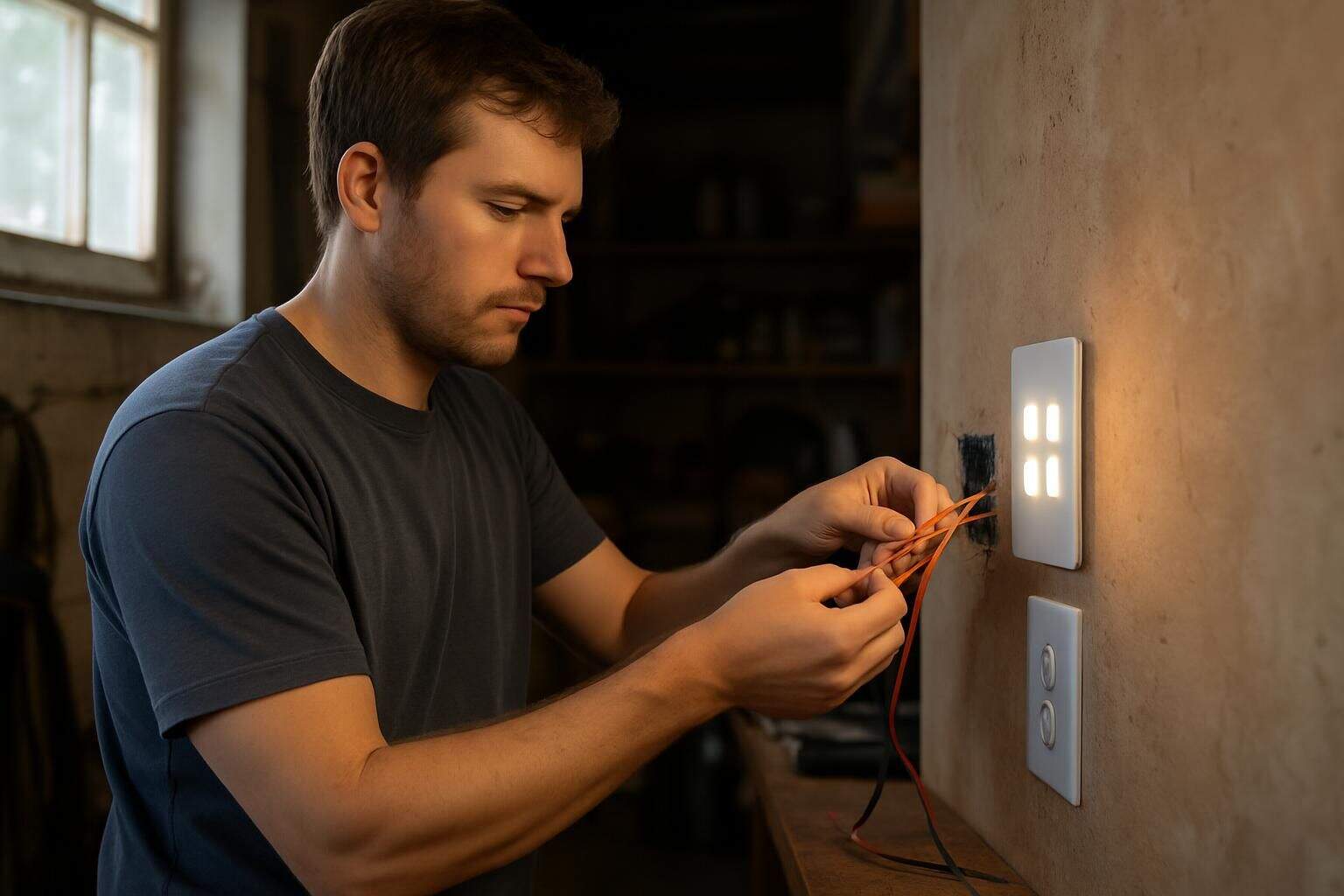 A man in his 30s carefully connects electrical wires to a smart lighting panel in a cluttered garage workspace. A man in his 30s carefully connects electrical wires to a smart lighting panel in a cluttered garage workspace.