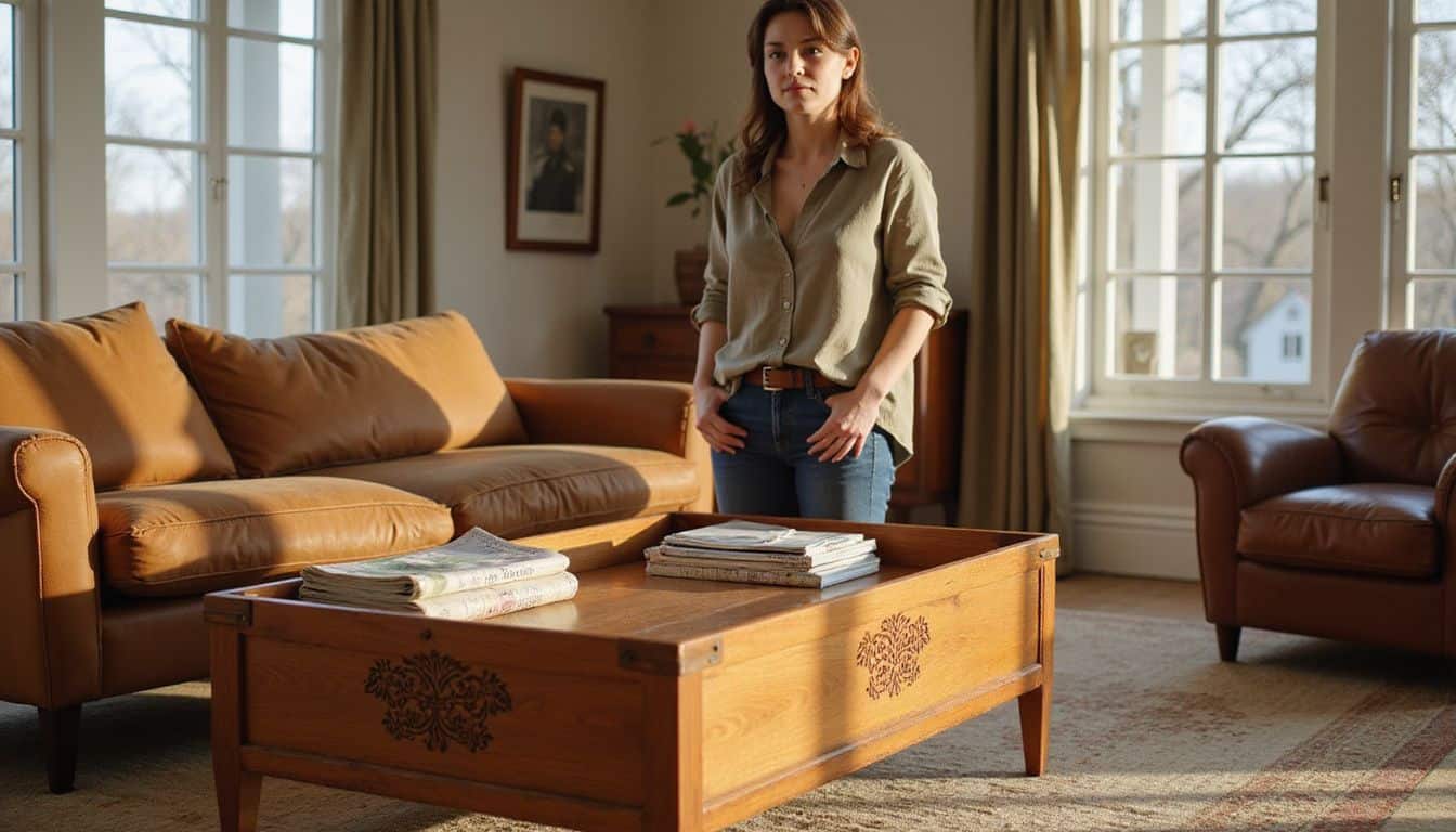 A woman standing beside a vintage teak coffee table in a cozy mid-century modern living room. A woman standing beside a vintage teak coffee table in a cozy mid-century modern living room.