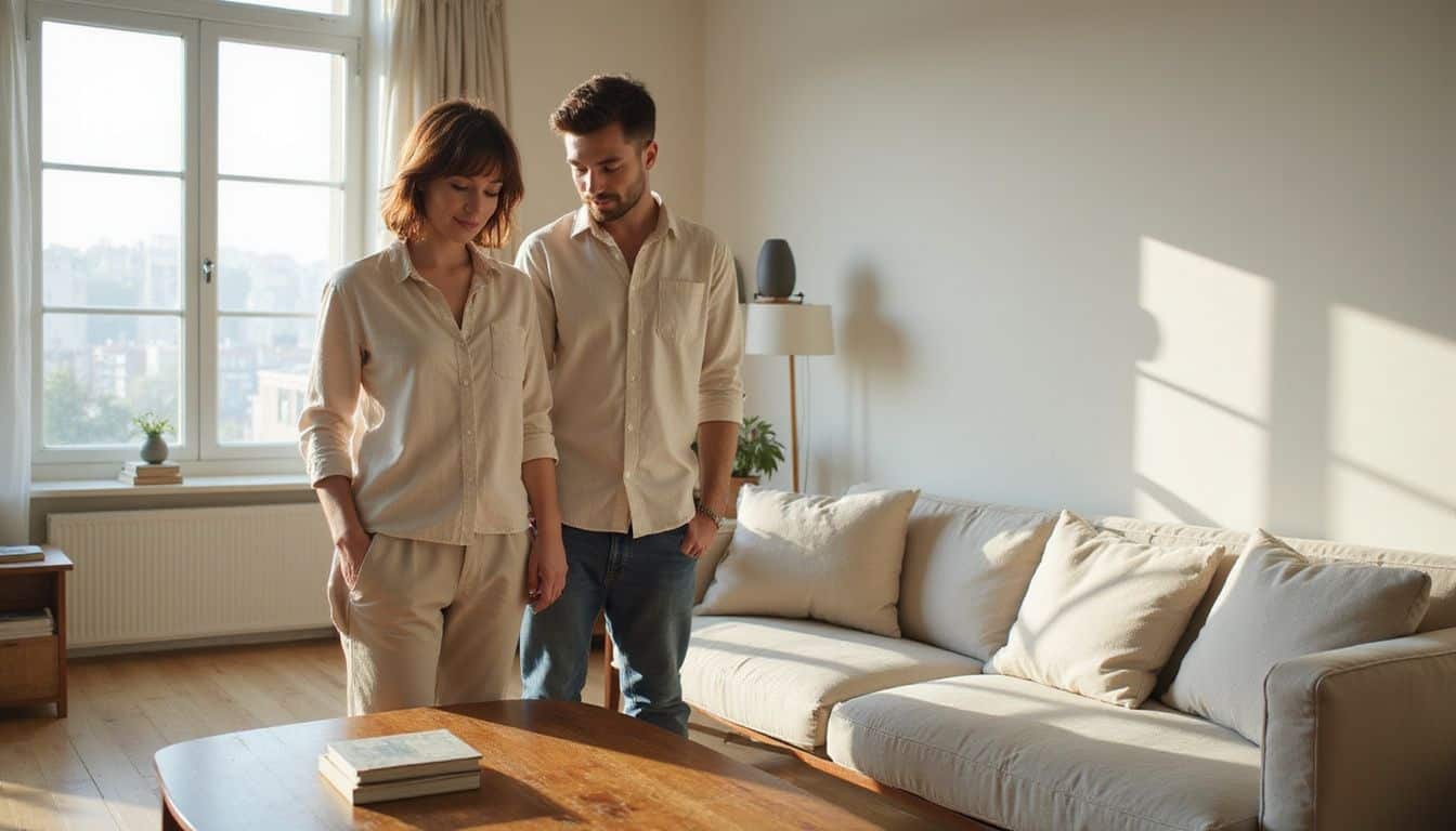 A casually posed couple in their 30s standing in a spacious, minimalist living room. A casually posed couple in their 30s standing in a spacious, minimalist living room.
