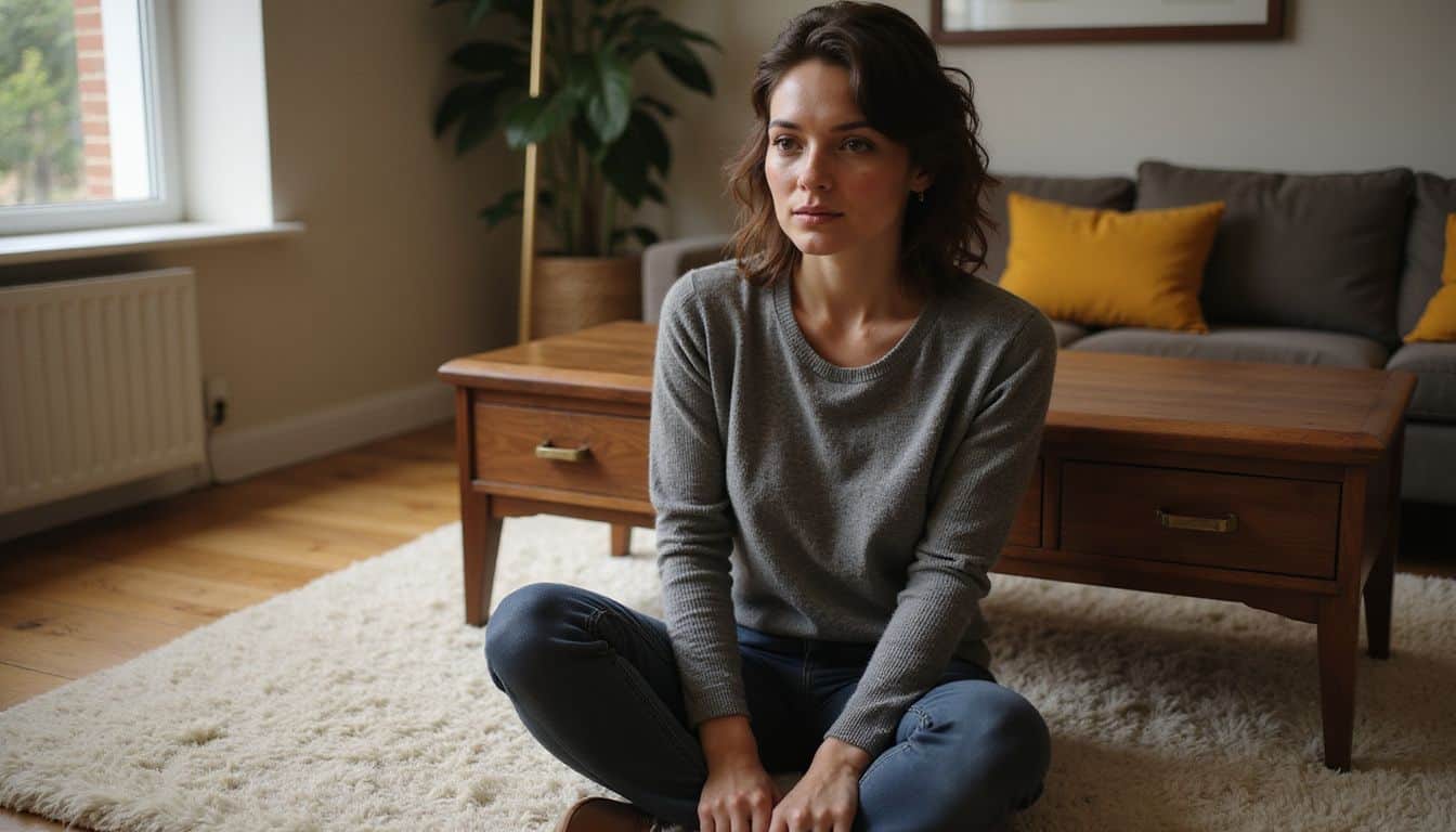 A woman in her 30s wearing a gray sweater sits on a plush rug, gazing at a walnut coffee table in a warmly lit living room. A woman in her 30s wearing a gray sweater sits on a plush rug, gazing at a walnut coffee table in a warmly lit living room.