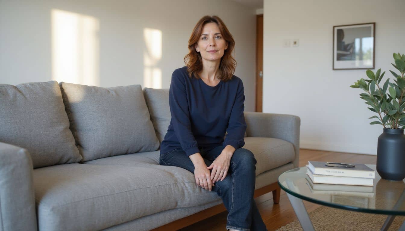 A woman sits on a modern sofa in a minimally decorated living room. A woman sits on a modern sofa in a minimally decorated living room.