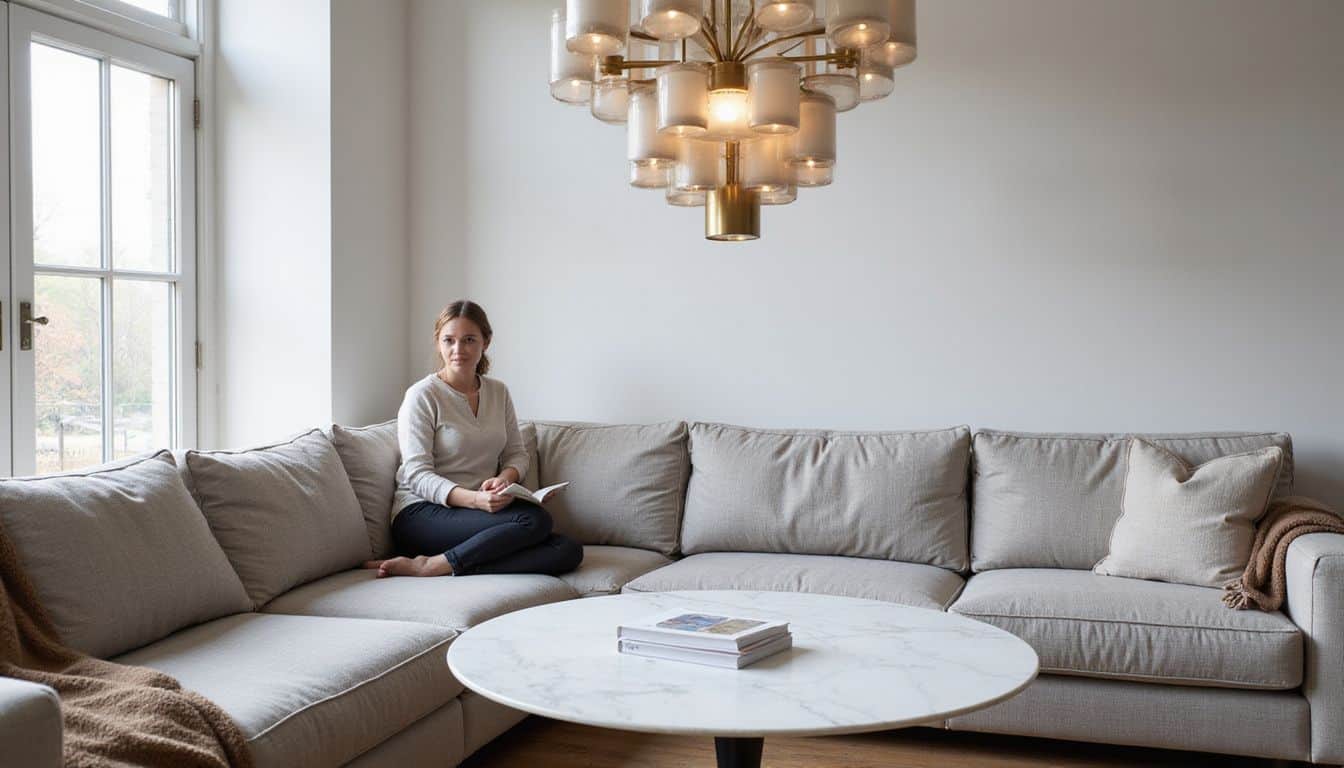 A modern living room with a marble coffee table, cozy sectional sofa, and warm lighting. A modern living room with a marble coffee table, cozy sectional sofa, and warm lighting.