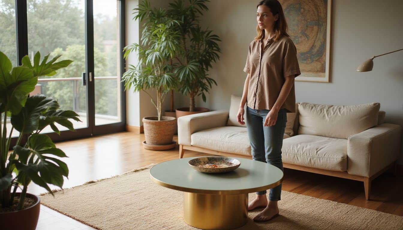 A woman in her 30s stands in a mid-century modern living room, looking contemplative. A woman in her 30s stands in a mid-century modern living room, looking contemplative.