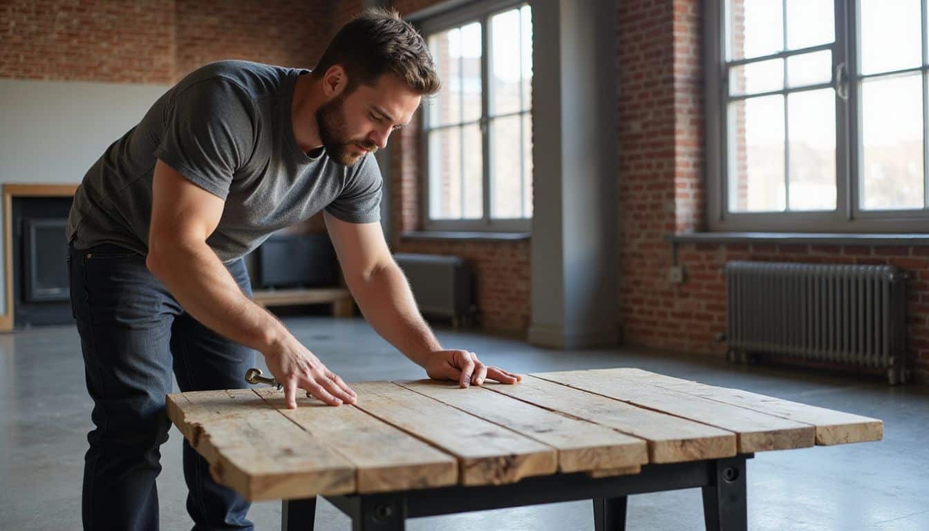 A man assembles a reclaimed wood and steel coffee table in a modern loft. A man assembles a reclaimed wood and steel coffee table in a modern loft.