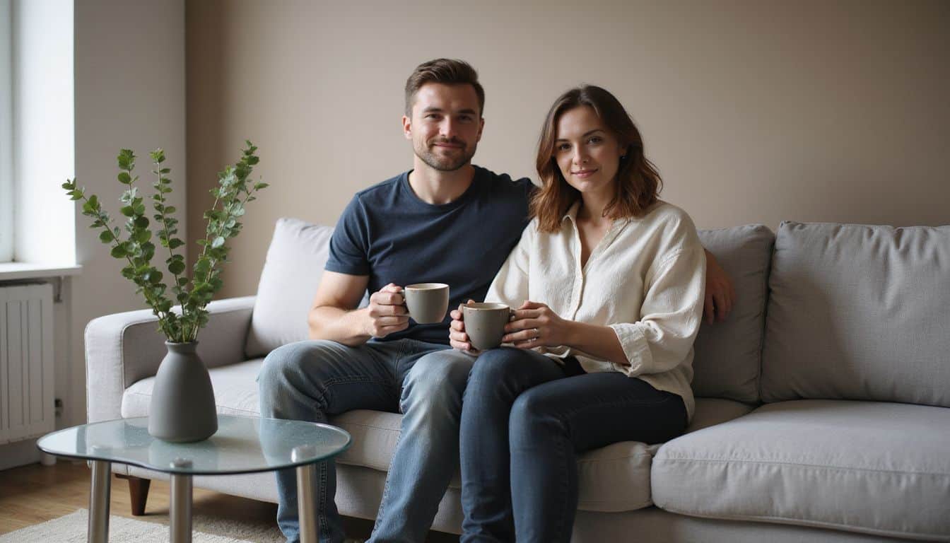 A man and woman sit on a gray sofa with coffee, in a cozy, well-decorated room. A man and woman sit on a gray sofa with coffee, in a cozy, well-decorated room.