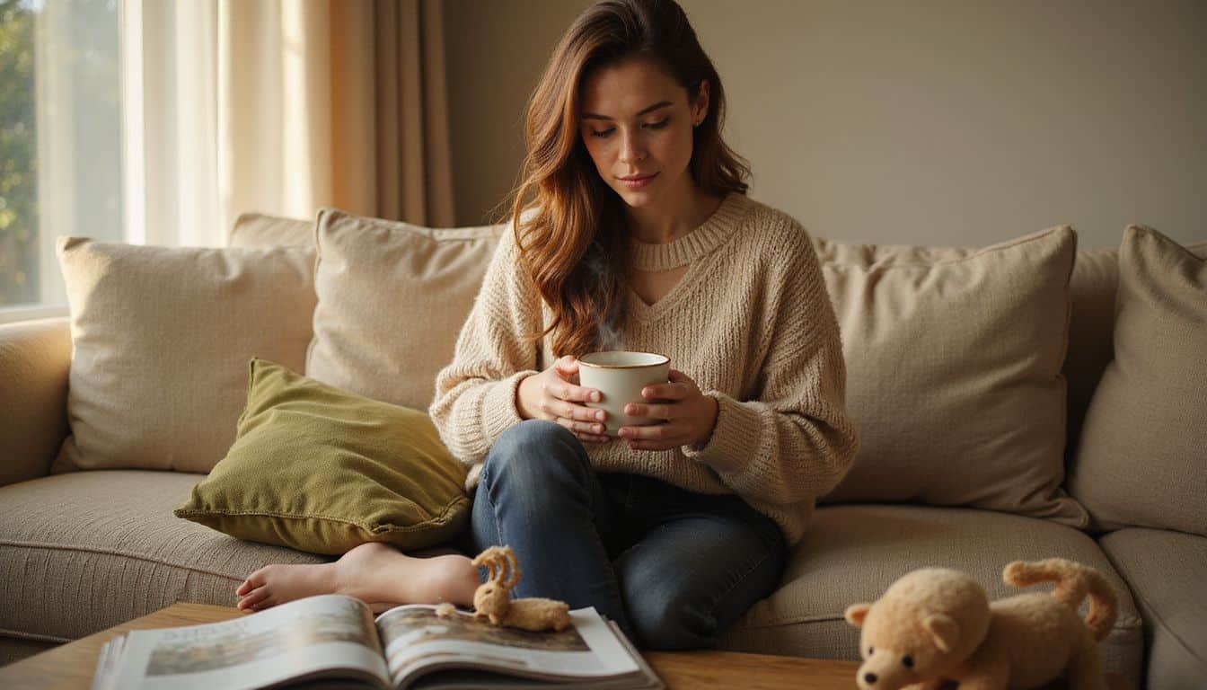 A woman in her 30s sits comfortably on a sofa, holding a steaming mug in a cozy living room. A woman in her 30s sits comfortably on a sofa, holding a steaming mug in a cozy living room.