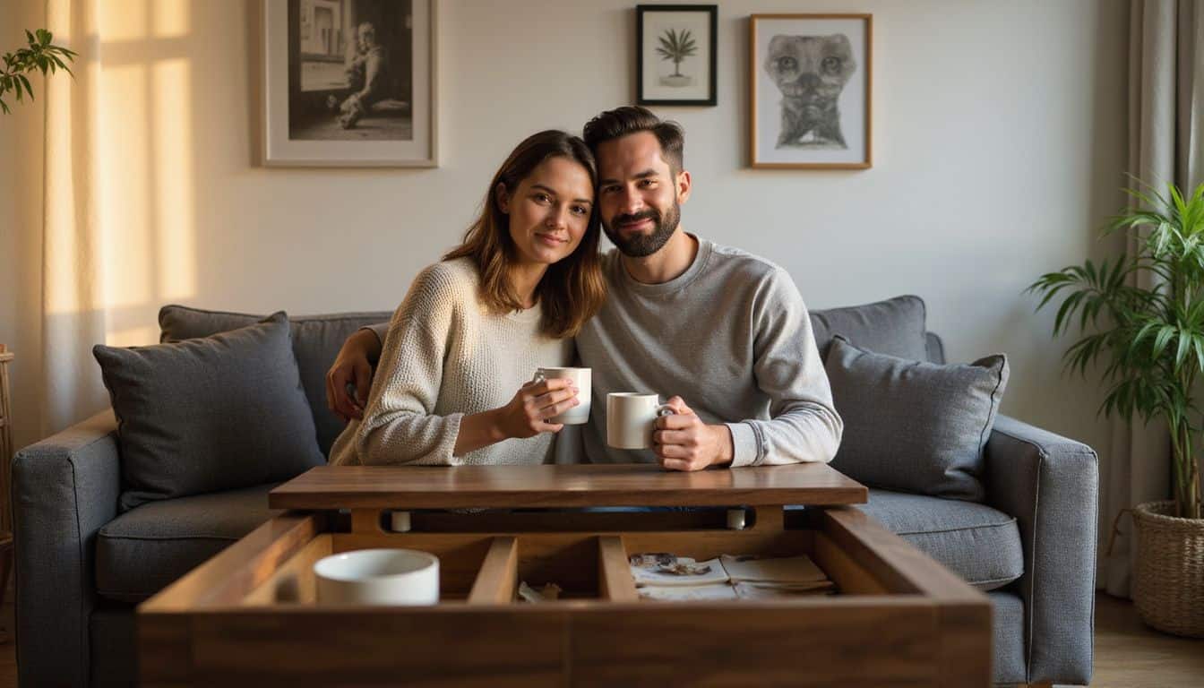 A couple in their mid-30s sits on a charcoal-gray sofa, enjoying coffee in a cozy, well-organized living room. A couple in their mid-30s sits on a charcoal-gray sofa, enjoying coffee in a cozy, well-organized living room.