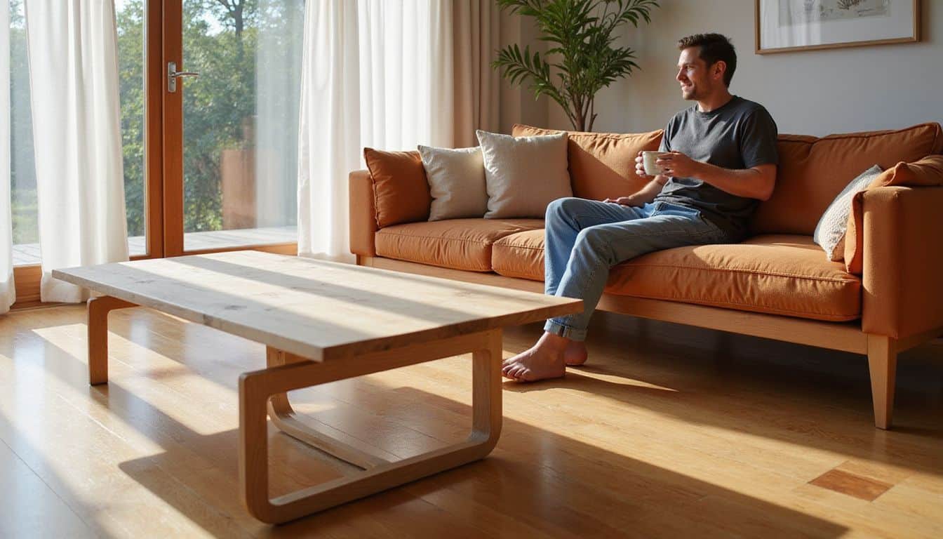 A sunlit living room with a white oak coffee table, earth-toned sofa, and a person enjoying a drink. A sunlit living room with a white oak coffee table, earth-toned sofa, and a person enjoying a drink.