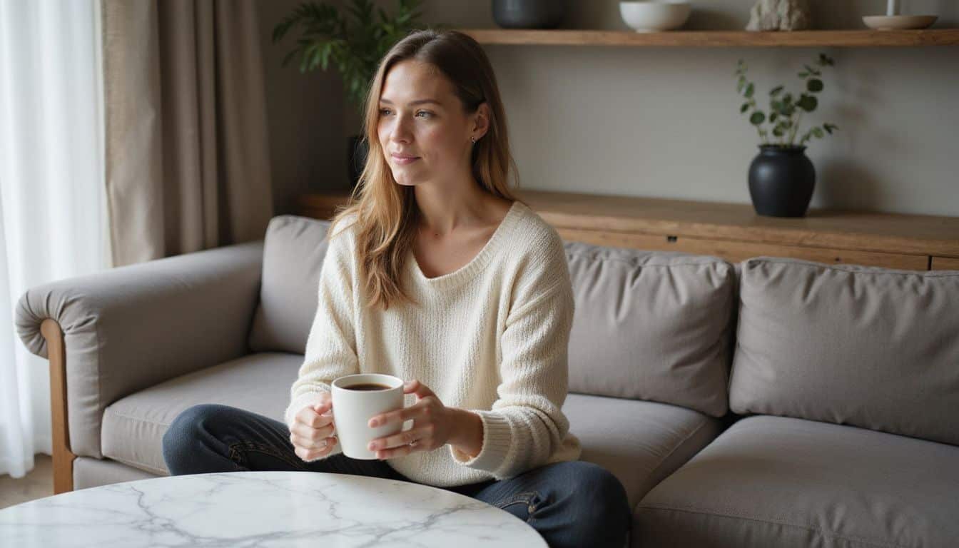 A woman in her mid-30s sits comfortably in a modern living room, sipping coffee. A woman in her mid-30s sits comfortably in a modern living room, sipping coffee.
