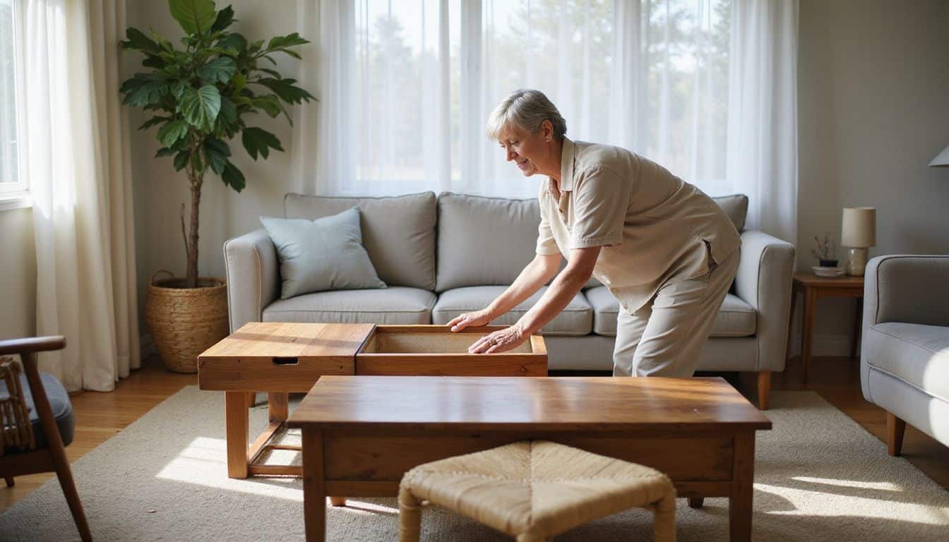 An attentive woman arranges three distinct coffee tables in a mid-century Scandinavian and coastal fusion living room. An attentive woman arranges three distinct coffee tables in a mid-century Scandinavian and coastal fusion living room.
