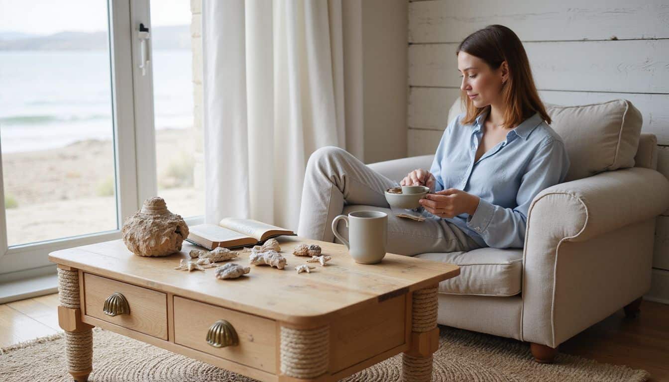 A woman sits by a coastal coffee table with seashells, reading a book and enjoying a cup of coffee. A woman sits by a coastal coffee table with seashells, reading a book and enjoying a cup of coffee.
