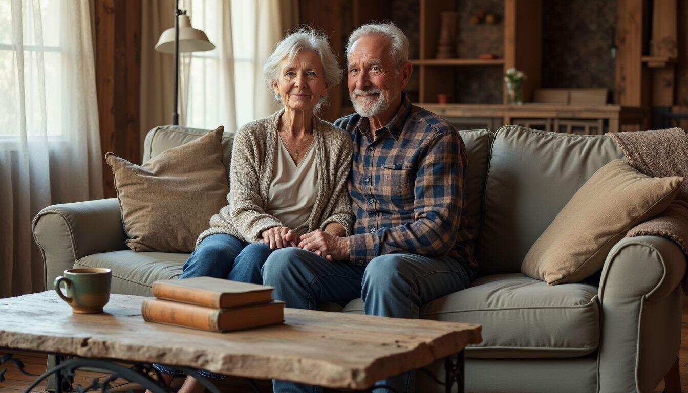 An elderly couple sits closely on a worn sofa in a rustic living room, surrounded by comforting details. An elderly couple sits closely on a worn sofa in a rustic living room, surrounded by comforting details.
