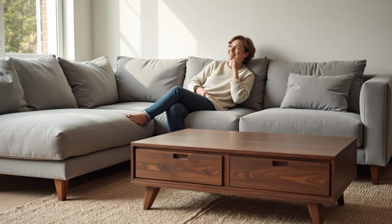A modern, minimalist living room with a stylish, cozy sofa and a sleek, walnut coffee table. A modern, minimalist living room with a stylish, cozy sofa and a sleek, walnut coffee table.
