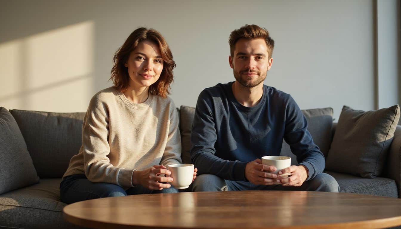 A man and woman in their 30s sit comfortably in a warmly lit living room, enjoying coffee and conversation. A man and woman in their 30s sit comfortably in a warmly lit living room, enjoying coffee and conversation.