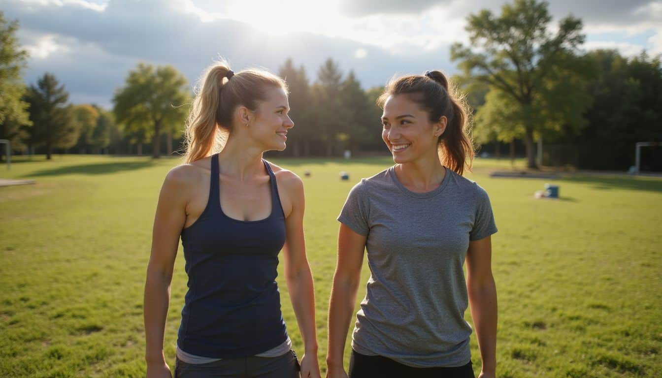 Two women in their 30s participate in an outdoor boot camp, showing camaraderie and determination. Two women in their 30s participate in an outdoor boot camp, showing camaraderie and determination.