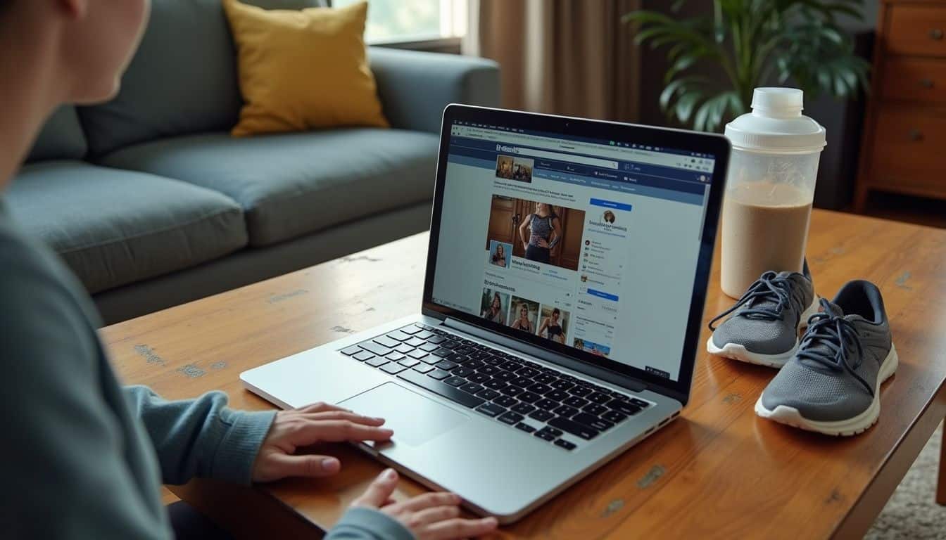 A woman engages with a 'Muscle Mommies' Facebook group on her laptop in a cluttered, active living room. A woman engages with a 'Muscle Mommies' Facebook group on her laptop in a cluttered, active living room.