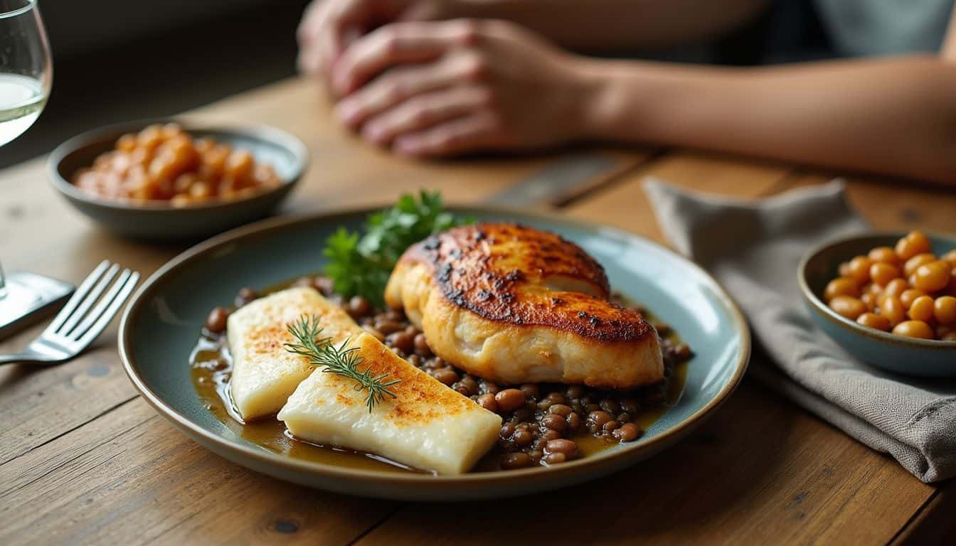 A beautifully arranged rustic meal on an oak dining table in soft, natural daylight. A beautifully arranged rustic meal on an oak dining table in soft, natural daylight.