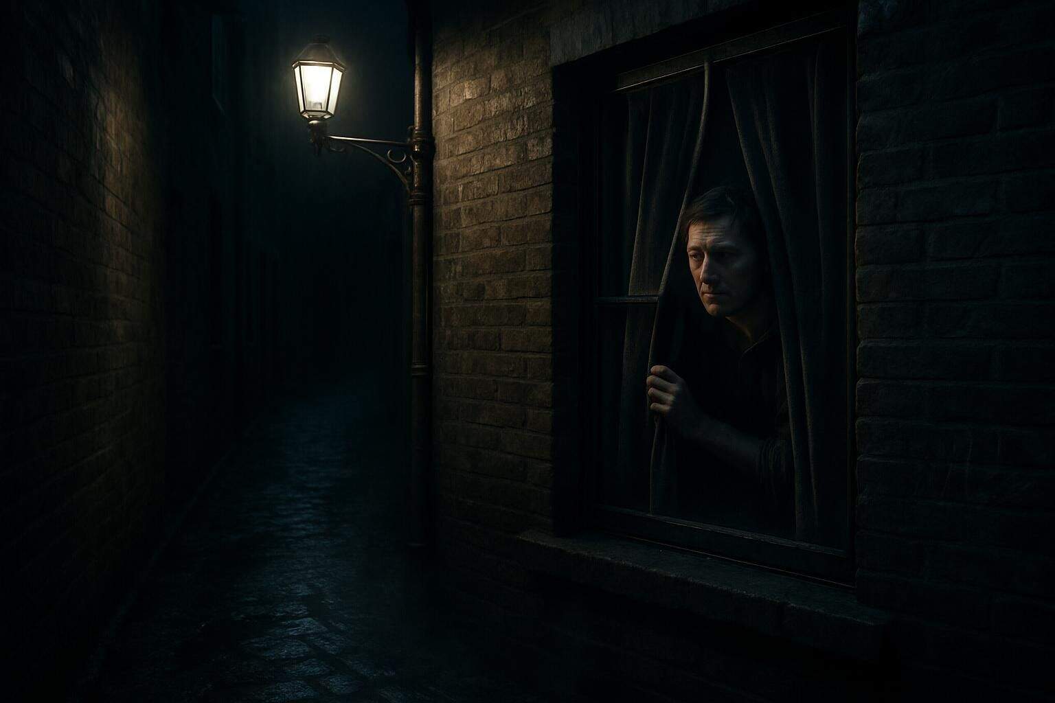 A figure peeks out from a window in a dim, graffiti-lined alley, appearing cautious yet determined. A figure peeks out from a window in a dim, graffiti-lined alley, appearing cautious yet determined.