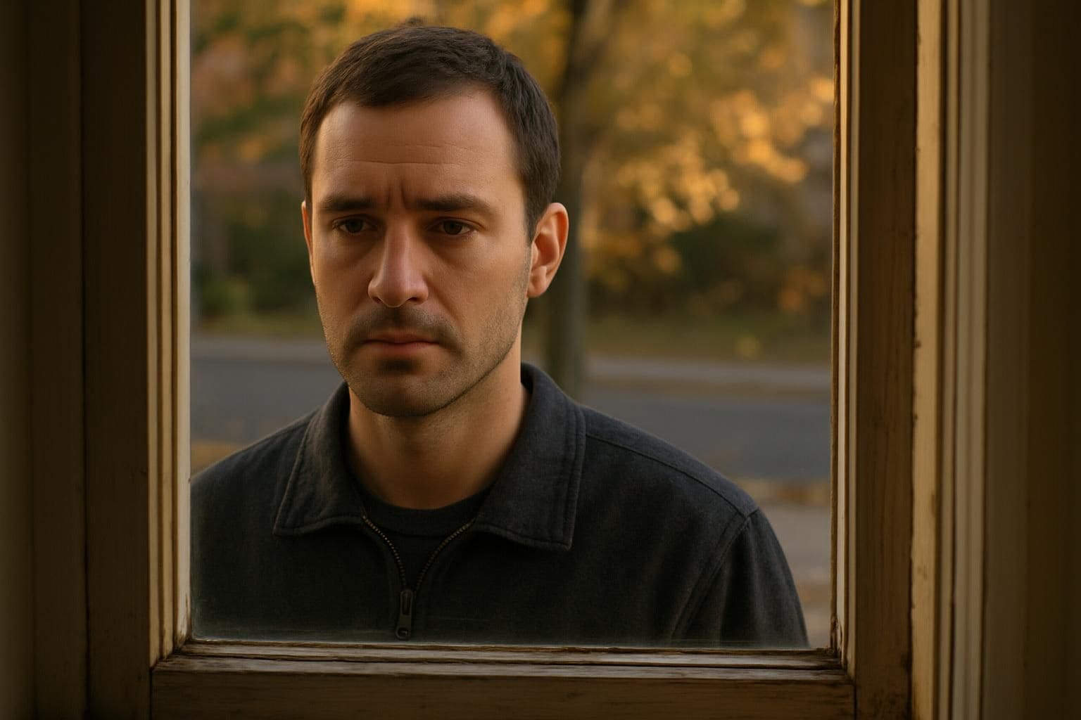 A man stands outside a residential window, peering through with a neutral expression. A man stands outside a residential window, peering through with a neutral expression.