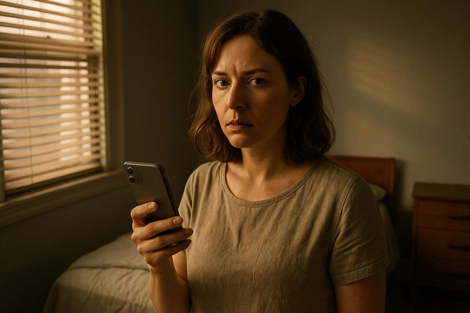 A woman in her 30s stands in a modest bedroom, holding a smartphone with a tense, vigilant expression. A woman in her 30s stands in a modest bedroom, holding a smartphone with a tense, vigilant expression.
