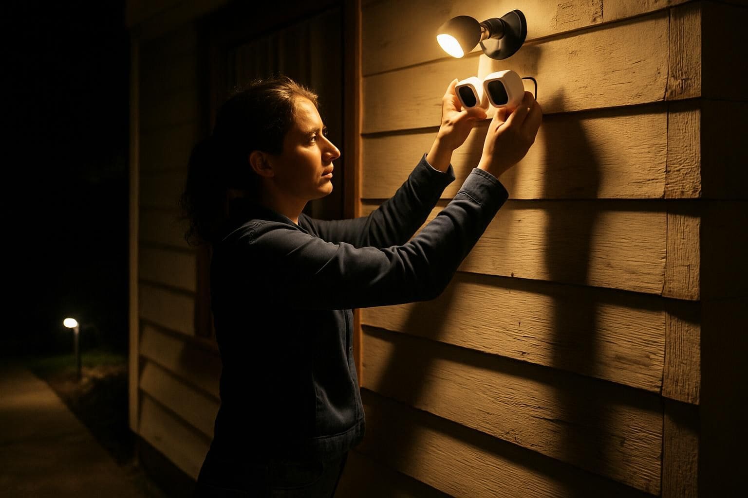 A woman in her early 30s installs security cameras on a suburban house. A woman in her early 30s installs security cameras on a suburban house.