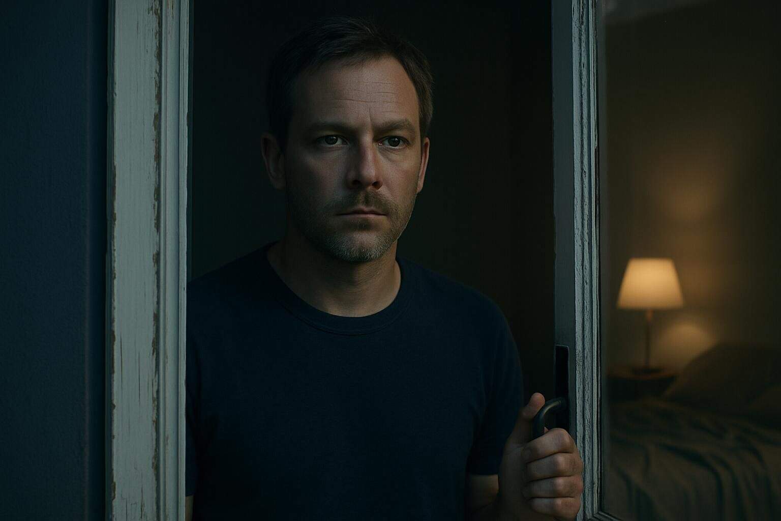 A middle-aged man stands by a partially open window, gazing into a softly lit bedroom. A middle-aged man stands by a partially open window, gazing into a softly lit bedroom.