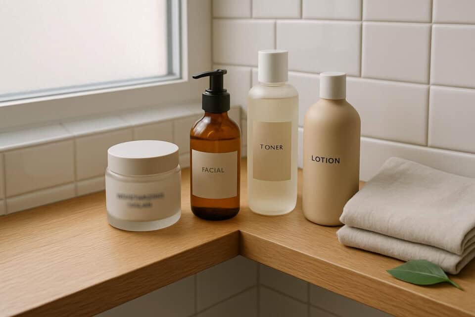 A modern bathroom shelf with premium skincare products and elegant, minimalistic details. what is minimalist beauty defining minimalist beauty