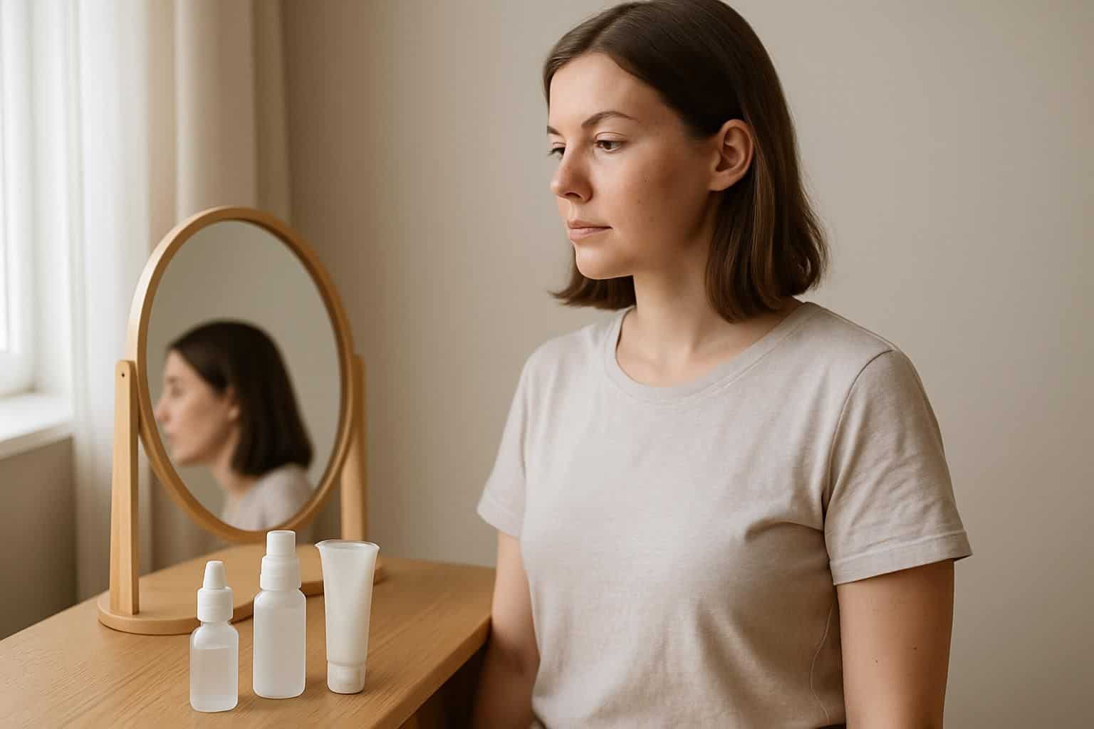 A young woman stands by a minimalist vanity table with neatly arranged skincare bottles. A young woman stands by a minimalist vanity table with neatly arranged skincare bottles.
