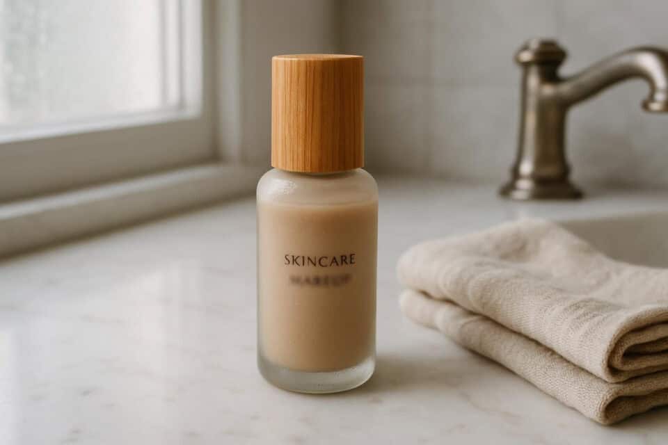 A single eco-friendly skincare and makeup product sits on a white marble countertop. what is minimalist beauty how will minimalist beauty evolve in 2025