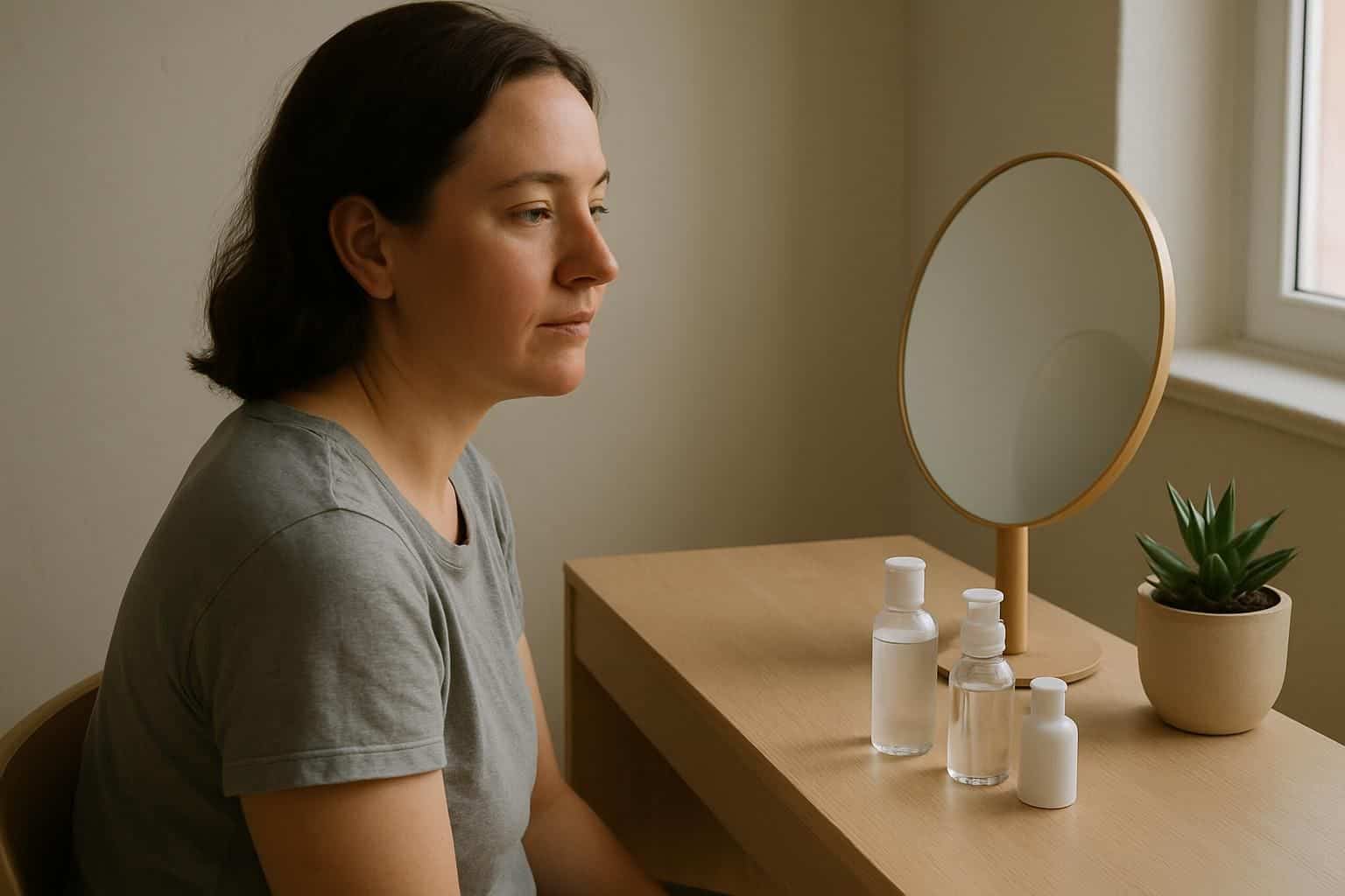 A woman in her mid-30s sits at a minimalist vanity table in quiet contemplation. A woman in her mid-30s sits at a minimalist vanity table in quiet contemplation.