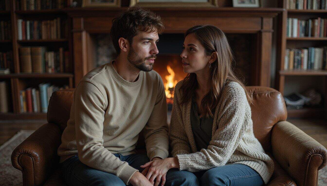 A young man and woman engaged in conversation in a cozy, book-filled study. A young man and woman engaged in conversation in a cozy, book-filled study.