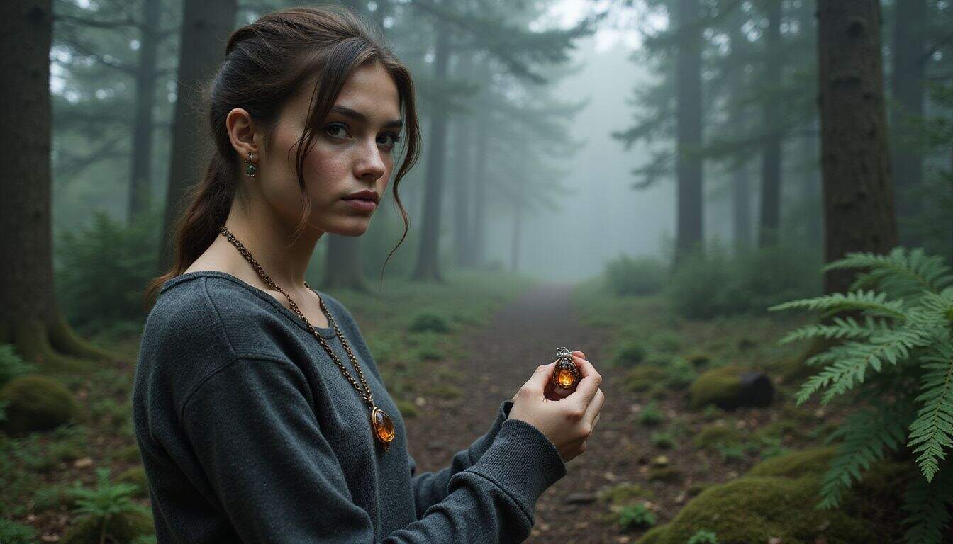 A young woman stands in a misty forest, holding a small amulet with a determined expression. A young woman stands in a misty forest, holding a small amulet with a determined expression.