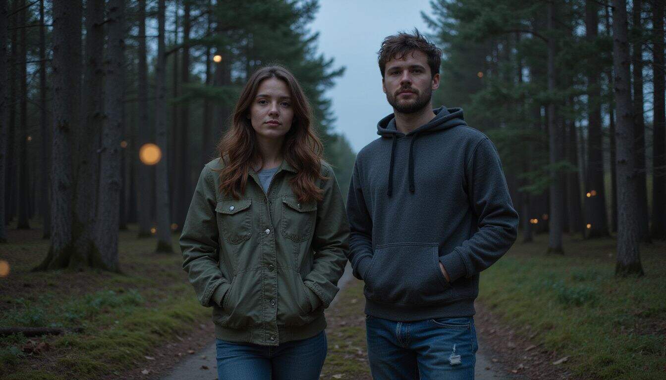 A young woman and man stand in a forest at twilight, surrounded by nature's beauty. A young woman and man stand in a forest at twilight, surrounded by nature's beauty.