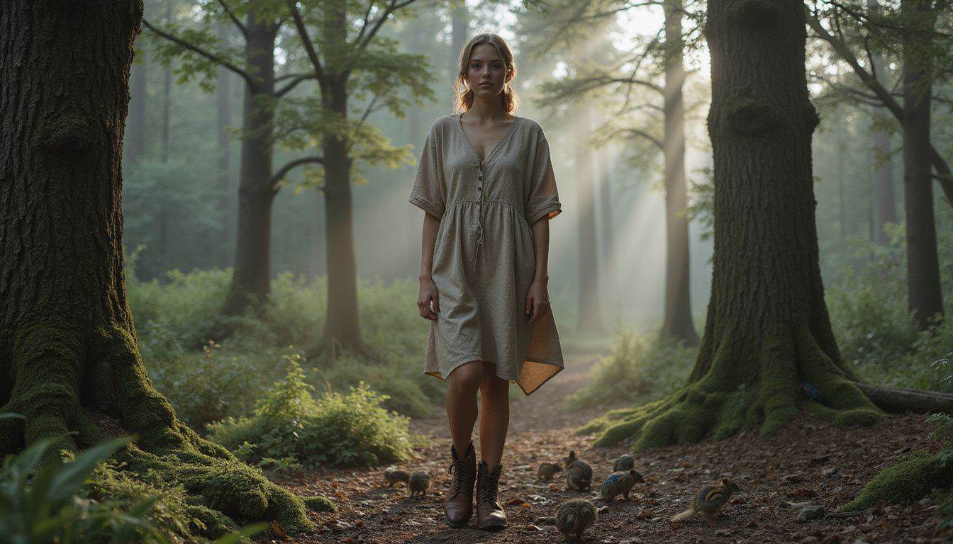 A young woman stands in a misty forest at dawn, wearing a simple linen tunic and taking in the serene surroundings. A young woman stands in a misty forest at dawn, wearing a simple linen tunic and taking in the serene surroundings.