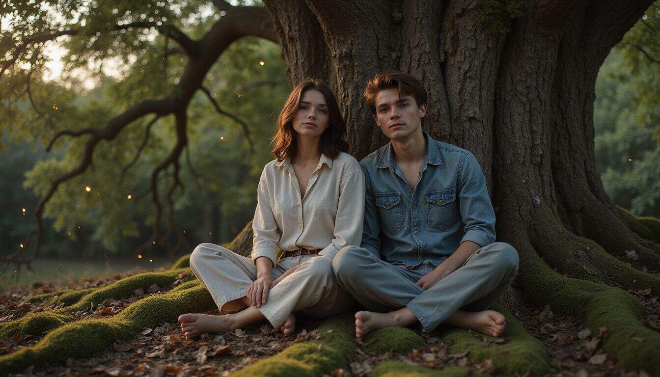 A young couple sits beneath an ancient oak tree in a serene forest, surrounded by fireflies. A young couple sits beneath an ancient oak tree in a serene forest, surrounded by fireflies.
