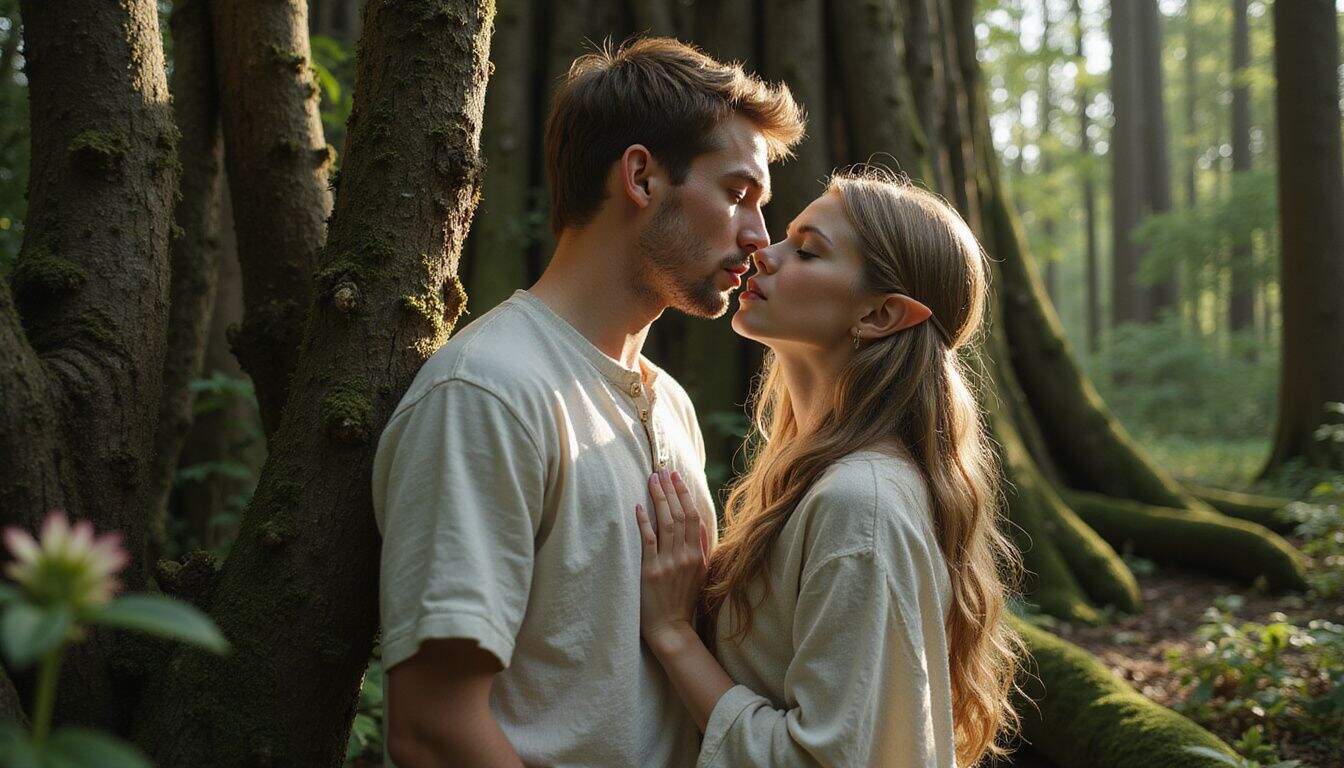A young couple shares an intimate kiss in a lush, ancient forest. A young couple shares an intimate kiss in a lush, ancient forest.