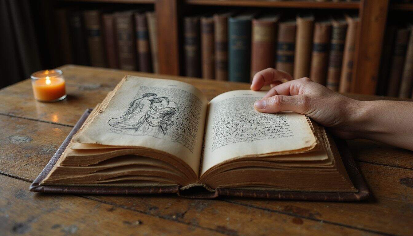 A well-worn leather-bound book with intricate sketches and handwritten notes, illuminated by candlelight in a classical library setting. A well-worn leather-bound book with intricate sketches and handwritten notes, illuminated by candlelight in a classical library setting.