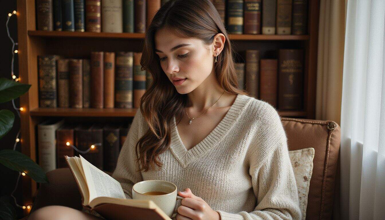 A young woman sits in a cozy reading nook, surrounded by books and fairy lights, lost in a book and sipping tea. A young woman sits in a cozy reading nook, surrounded by books and fairy lights, lost in a book and sipping tea.