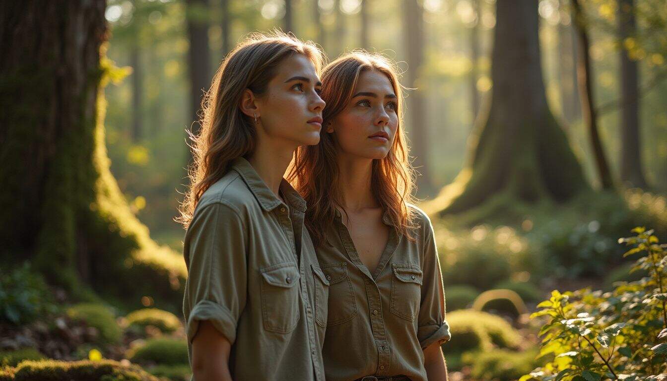 A man and woman stand in a dense forest, exuding a relaxed yet attentive presence. A man and woman stand in a dense forest, exuding a relaxed yet attentive presence.