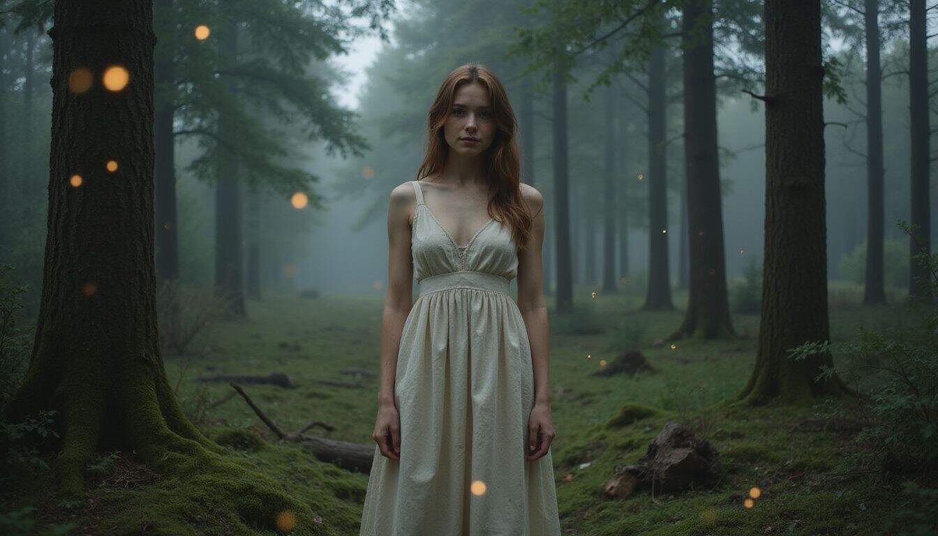 A young woman stands peacefully in a misty forest, surrounded by nature's tranquility. A young woman stands peacefully in a misty forest, surrounded by nature's tranquility.