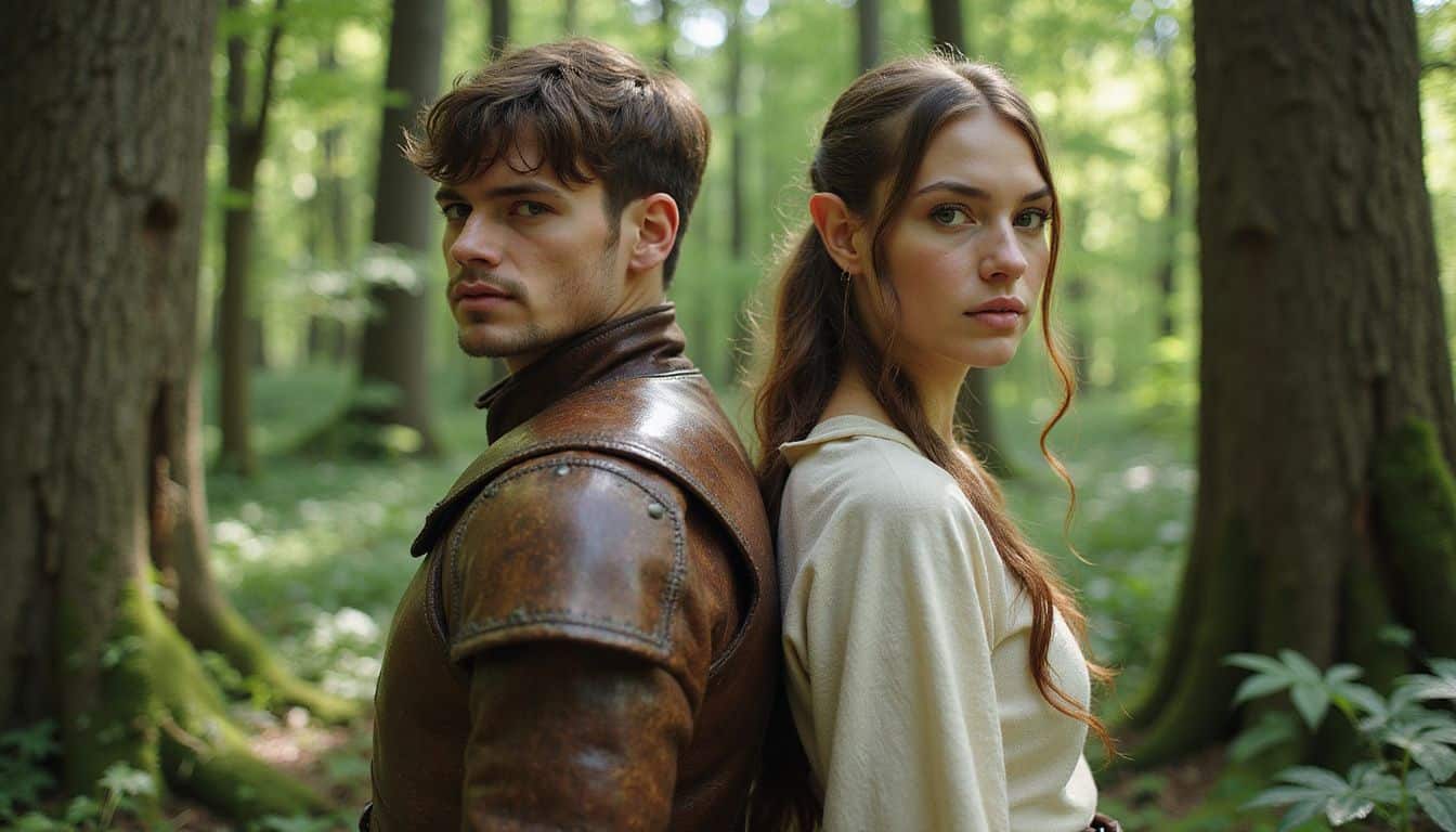 A young warrior and elven mage stand back-to-back in a lush forest, embodying contrasting yet complementary strengths. A young warrior and elven mage stand back-to-back in a lush forest, embodying contrasting yet complementary strengths.